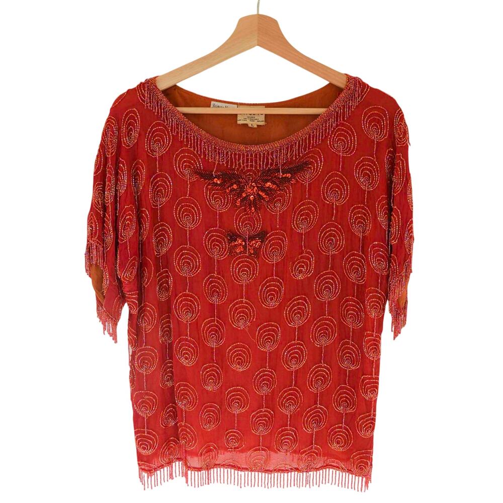 Vintage Beaded Silk Red Top